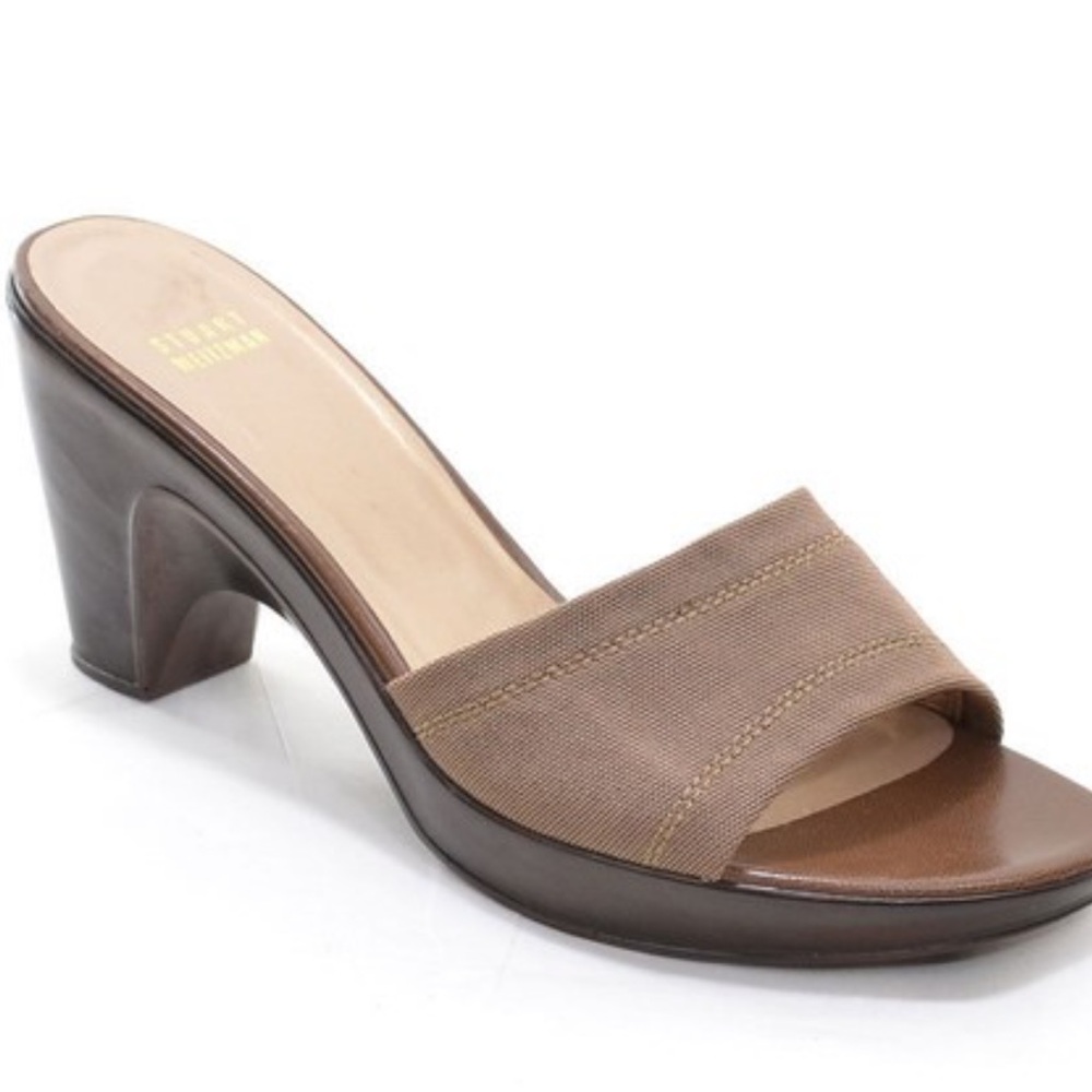 Stuart Weitzman Bronze Fabric Platform Wedge Slide Sandals Women’s Size 7.5